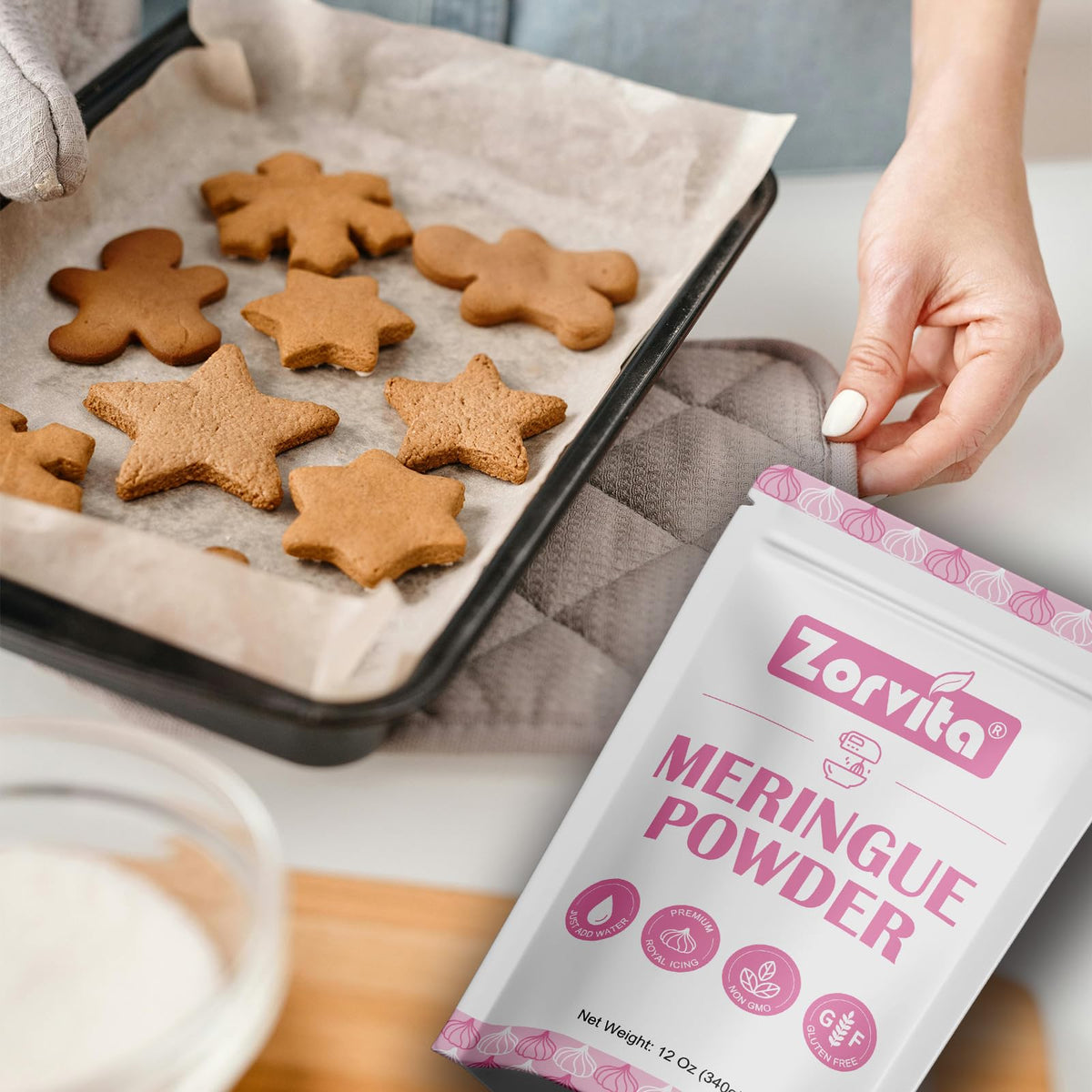 Shelf-stable ZORVITA meringue powder stored without refrigeration