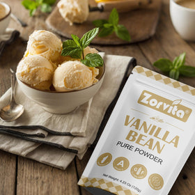 Zorvita vanilla powder in a glass ready to blend into smoothies.