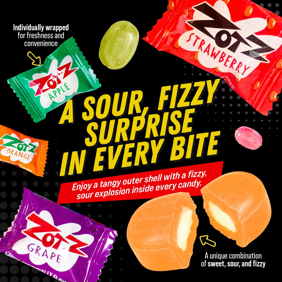 Individually wrapped Zotz candies highlighting freshness and sharing