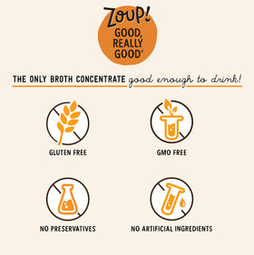 Zoup! label closeup highlights gluten-free and no artificial ingredients formulation