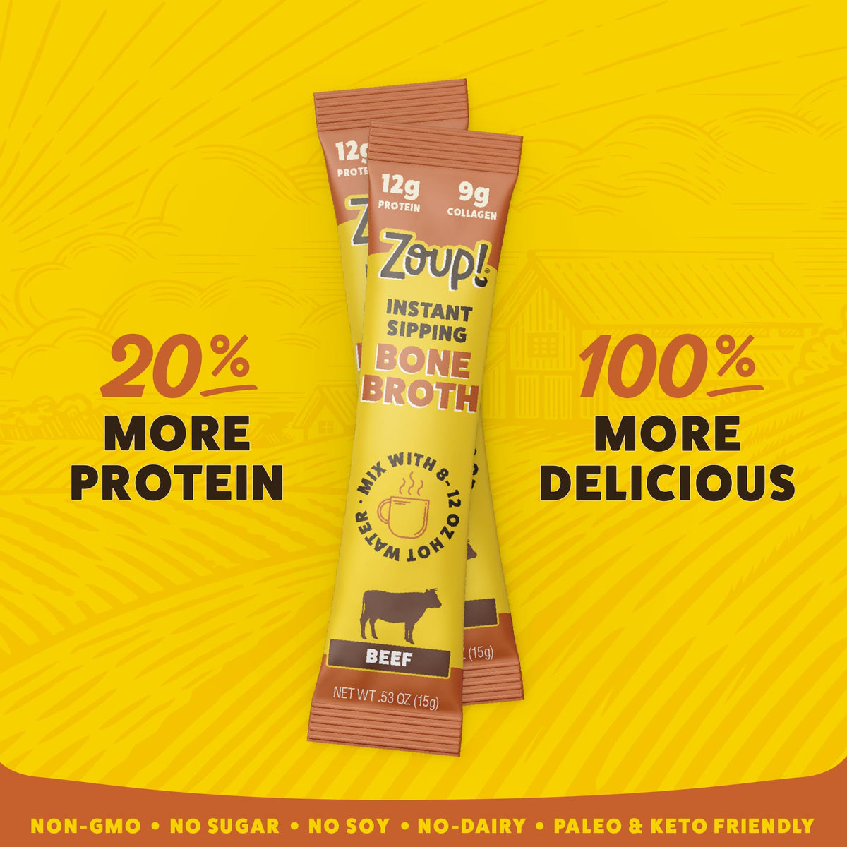 Zoup! beef bone broth packet open showing single-serve format.