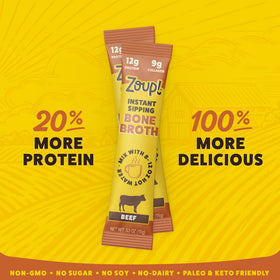 Zoup! beef bone broth packet open showing single-serve format.