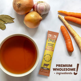 Zoup! ingredient label shows gluten-free, sugar-free, non-GMO formulation.