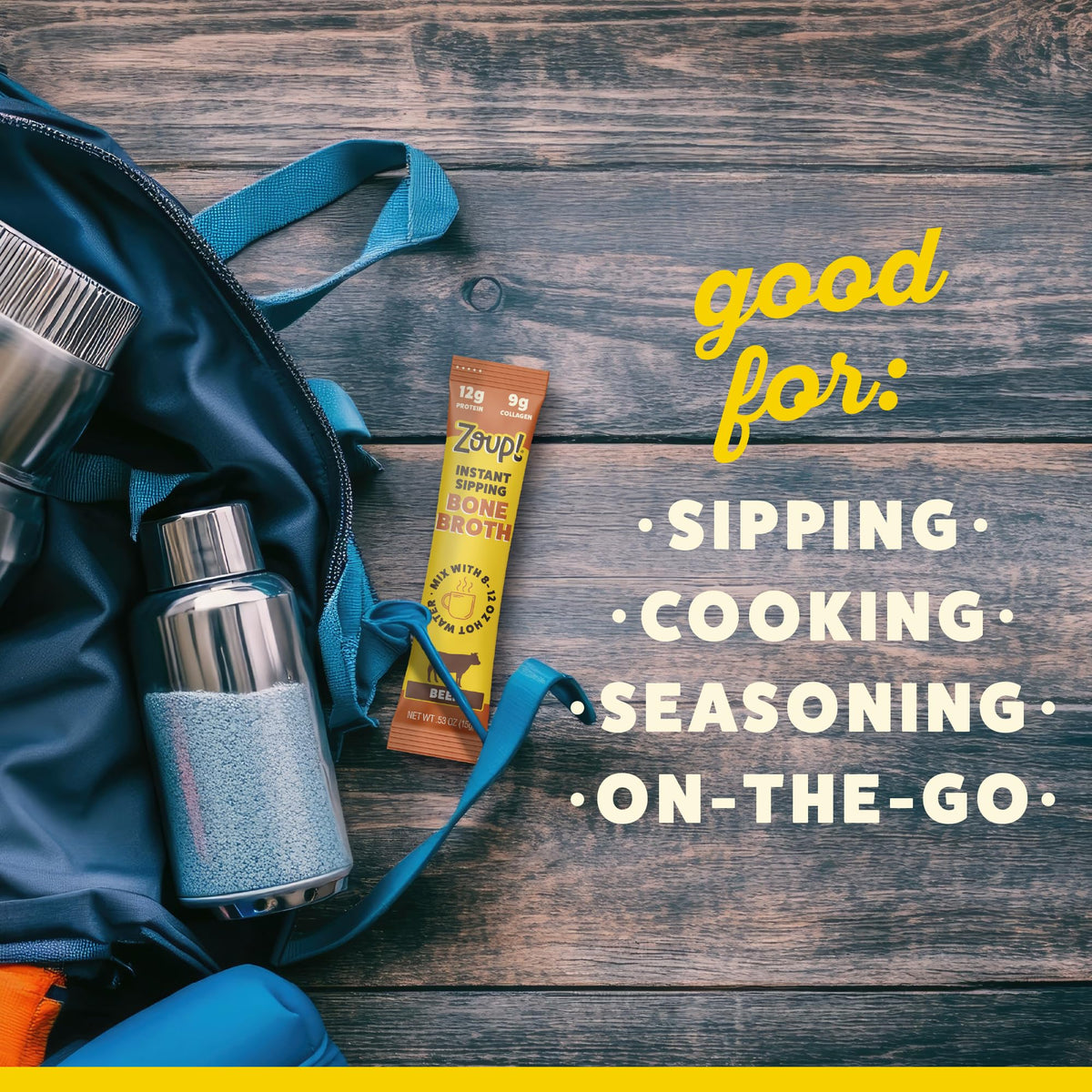 Zoup! hot water cup with broth ready in seconds for travel or work.