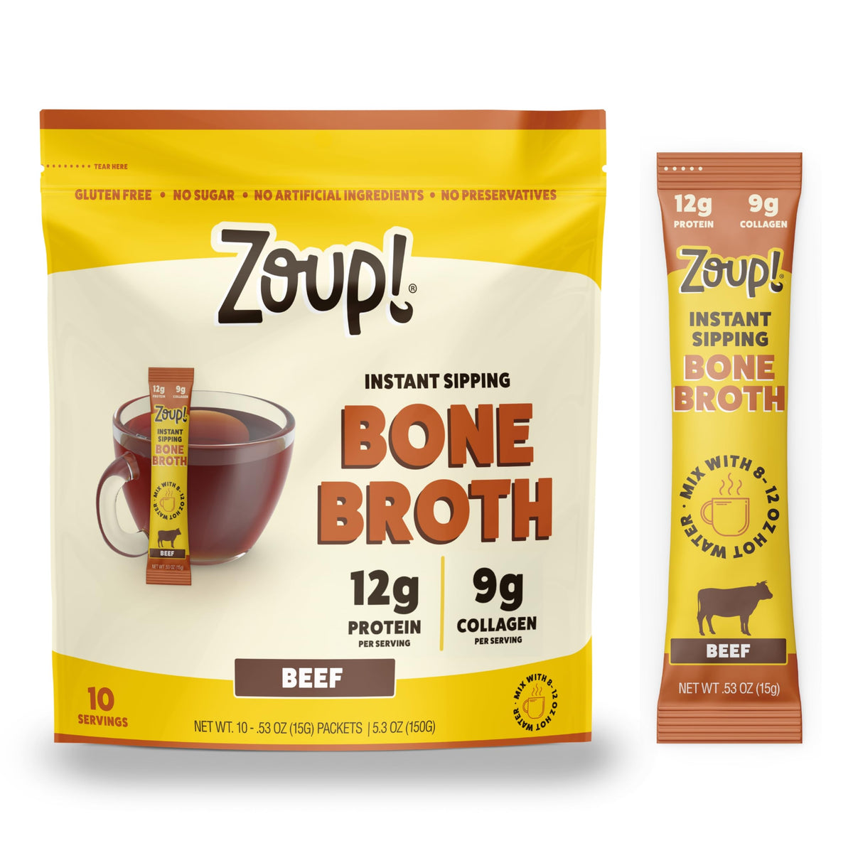 Zoup! beef bone broth packets to go offer a protein-rich on-the-go sip.