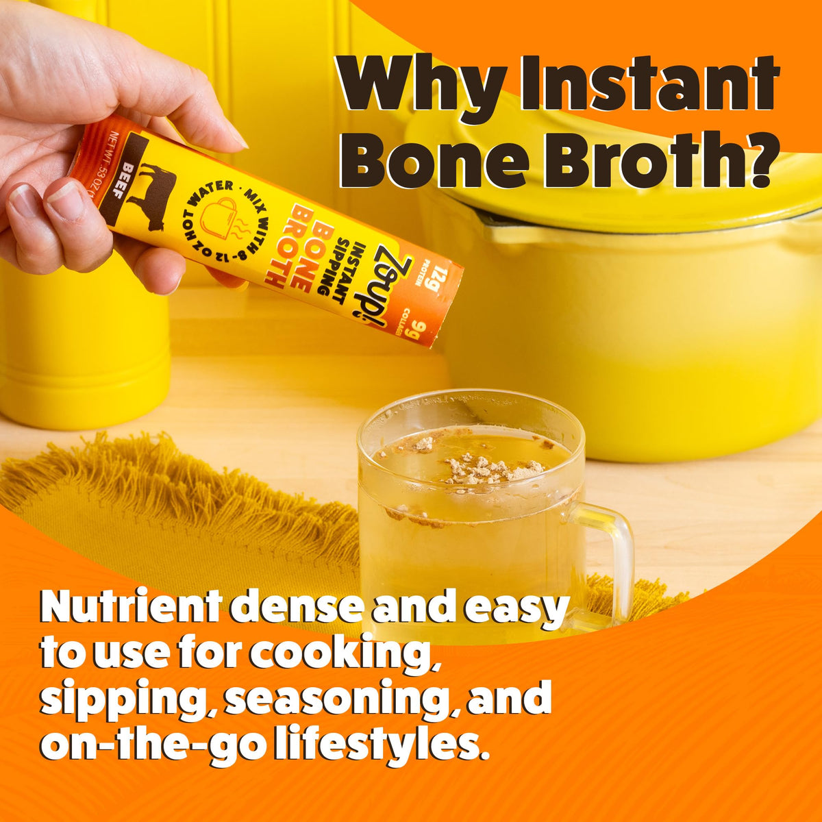 Zoup! broth being poured, adding warmth to meals and quick recipes.