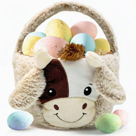 ZRPSIZP Easter Basket with cow plush head for kid-friendly egg hunts and decor