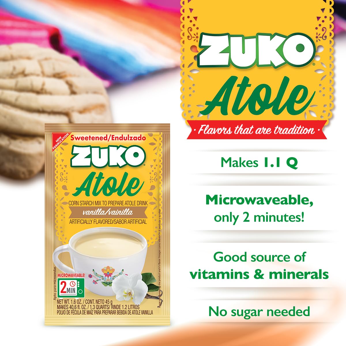 ZUKO Atole Vanilla cup steaming, ready in minutes for warm comfort.