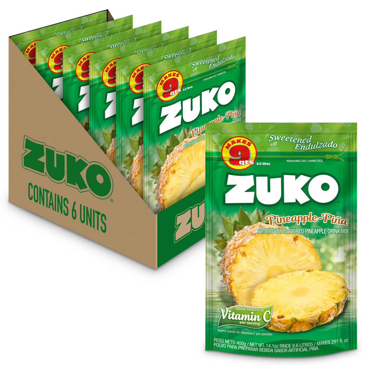 ZUKO pineapple powdered drink pack with six bags for family gatherings.