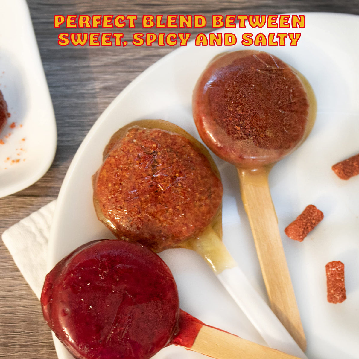 Close-up of caramel-coated chili lollipops highlighting bold flavor and texture
