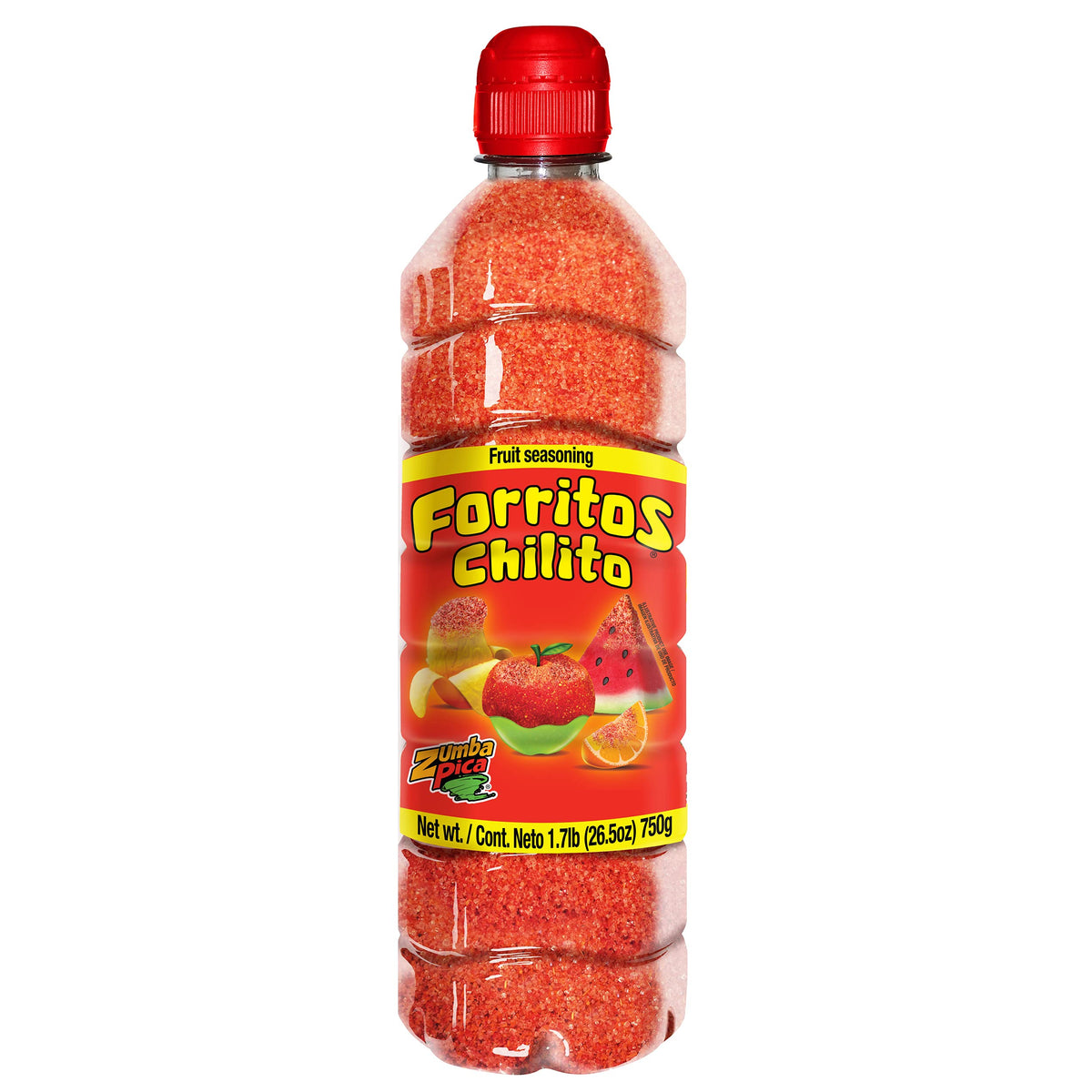 Zumba Pica Forritos bottle front with large 1.7lb jar and freshness cap