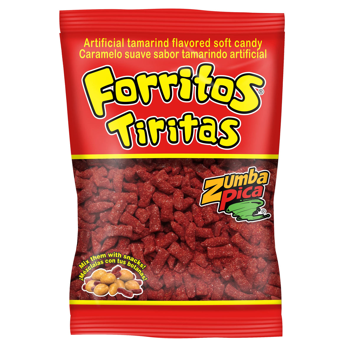 Zumba Pica Forritos Tiritas tamarind stick in bag showing fresh packaging and bold flavor