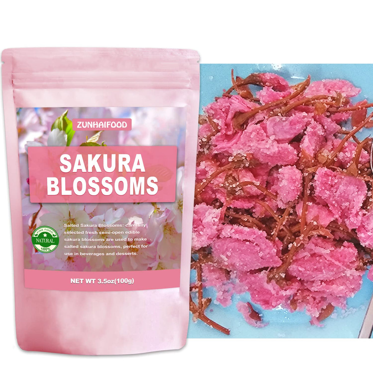 Zunhai Food sakura blossoms ideal for decorating tea and desserts.