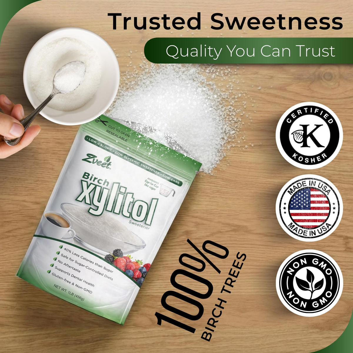 Zveet Birch Xylitol chewing gum provides minty, sugar-free freshness.
