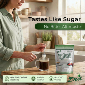 Zveet Birch Xylitol coffee cup demonstrates a sugar substitute for beverages.