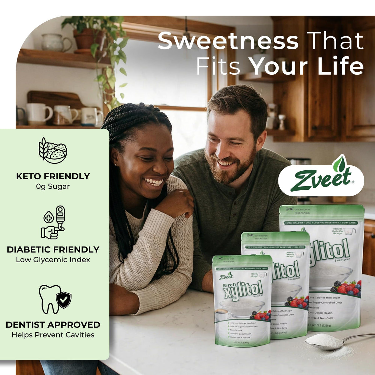 Zveet Birch Xylitol kitchen scoop makes measuring easy.