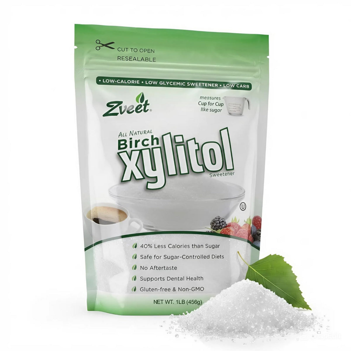 Zveet Birch Xylitol powder bag shows a keto-friendly, low-calorie sugar substitute.