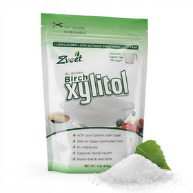 Zveet Birch Xylitol powder bag shows a keto-friendly, low-calorie sugar substitute.