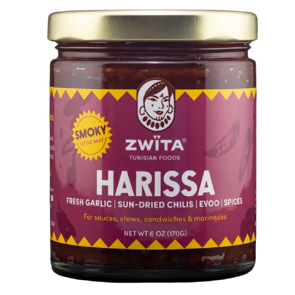 Zwita Smoky Harissa 6oz jar showing rich smoky heat for sandwiches