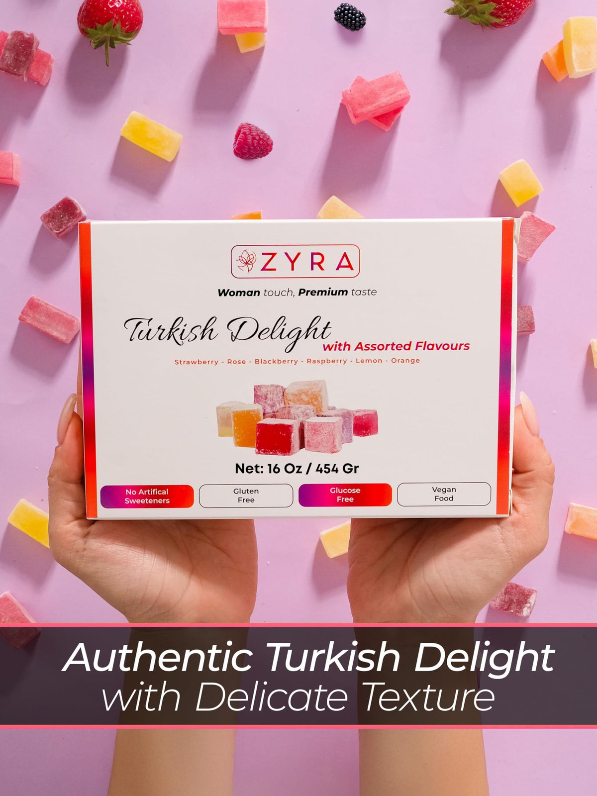 ZYRA Turkish Delight strawberry flavor ideal for tea time indulgence.