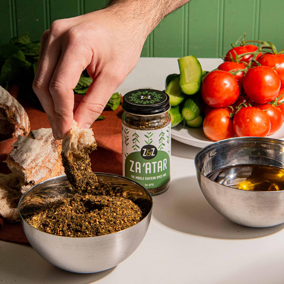Spice-dispense bottle of Z&Z za’atar highlighting convenient seasoning use.